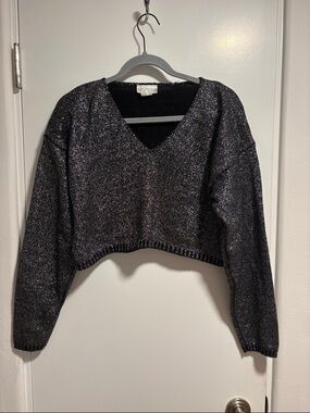 Blue Morgan Metallic Black V-Neck Cropped Sweater - Small